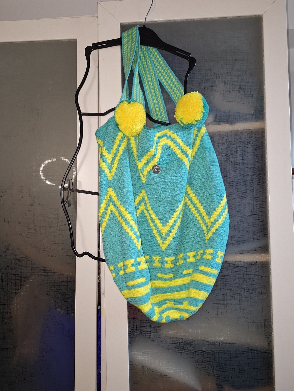 Large Soft Knit Colorful Bag W Pom Poms